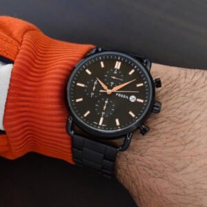Fossil Chronograph Black Dial Watch with Black Stainless Steel Strap