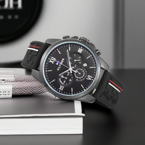 Hilfiger Black Dial Chronograph Watch with Black Rubber Strap