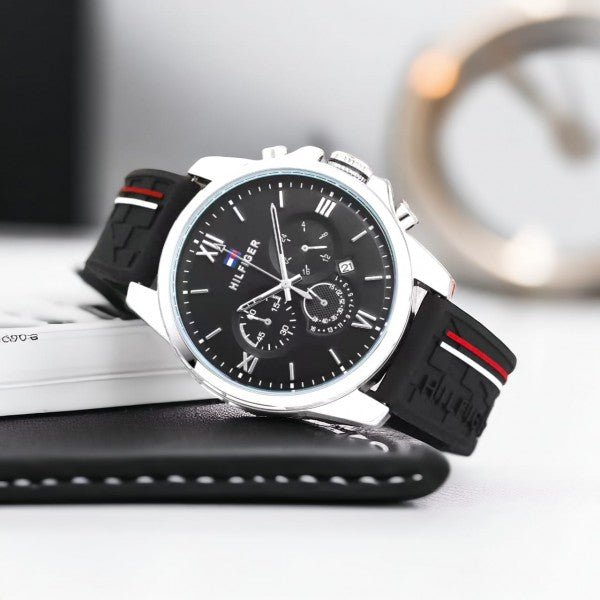 Hilfiger Black Dial Chronograph Watch with Black Rubber Strap